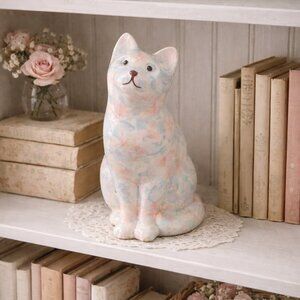 Vintage Floral Decoupage Cat, Large Paper Mache Feline for Home Decor